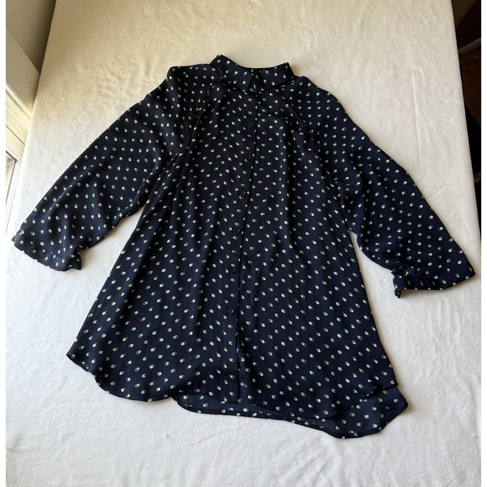 CAbi Womens Navy Blue Polka Dot 3/4 Sleeve Button Up Blouse Flowy Sheer Top Sz M